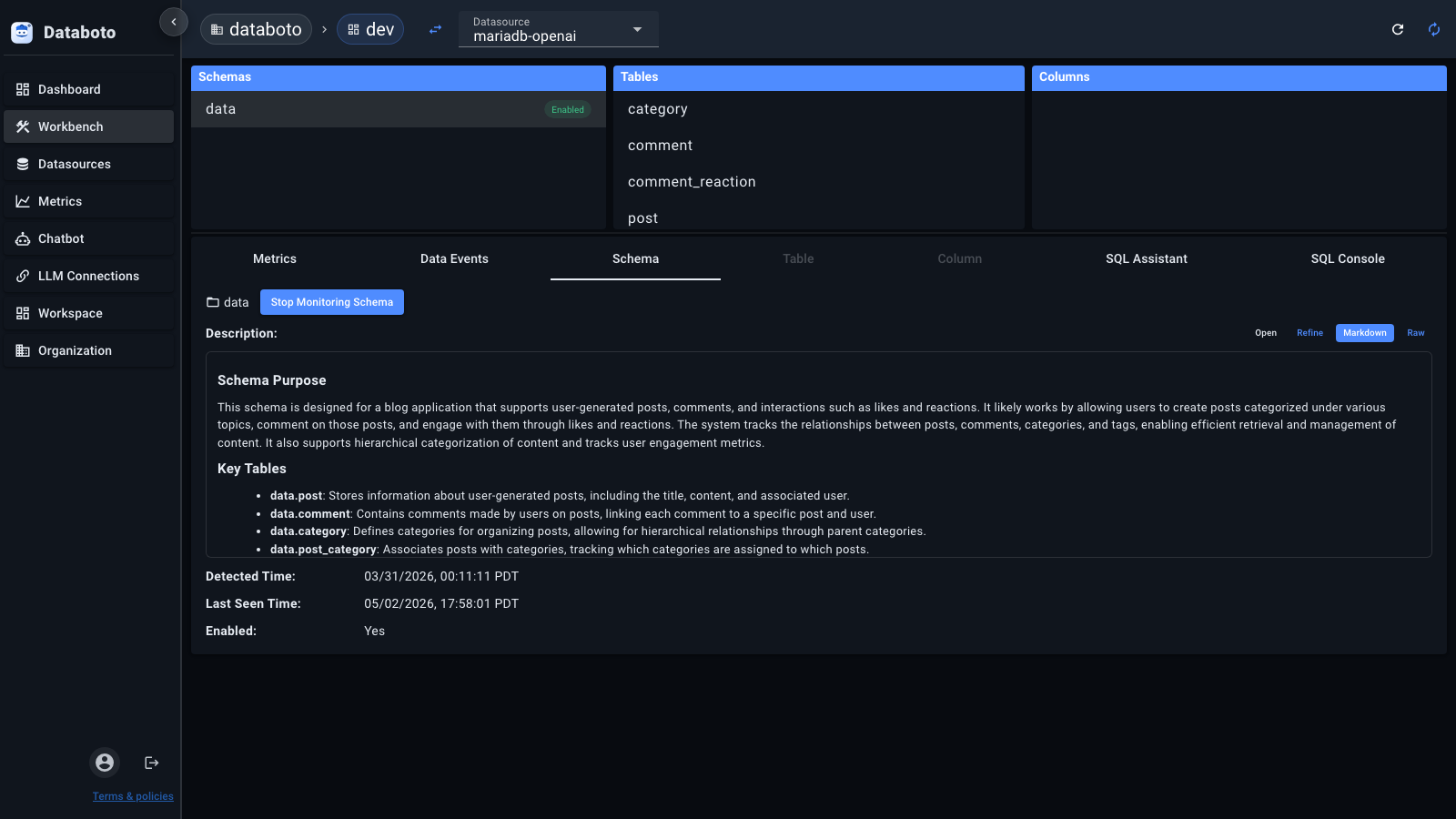 Databoto workbench screenshot
